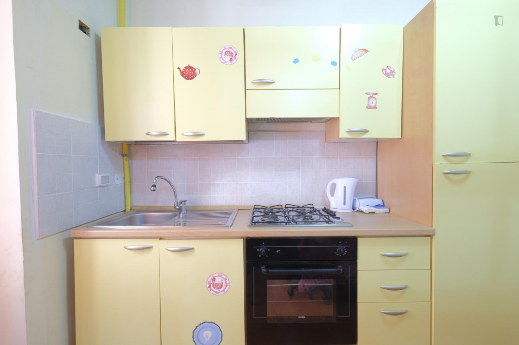 studio one bedroom apartment kitchen with kitchen and shower Monti near Colosseo